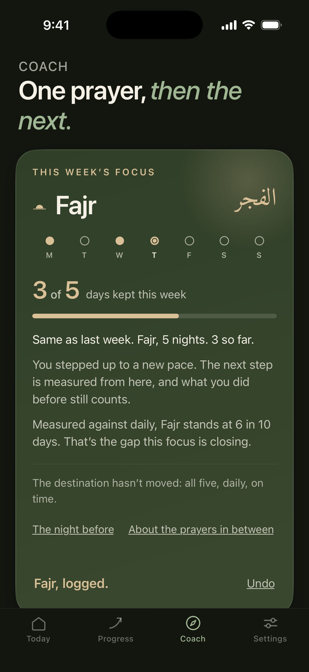 Qadam’s Coach tab: this week’s focus is Fajr, 3 of 5 days kept