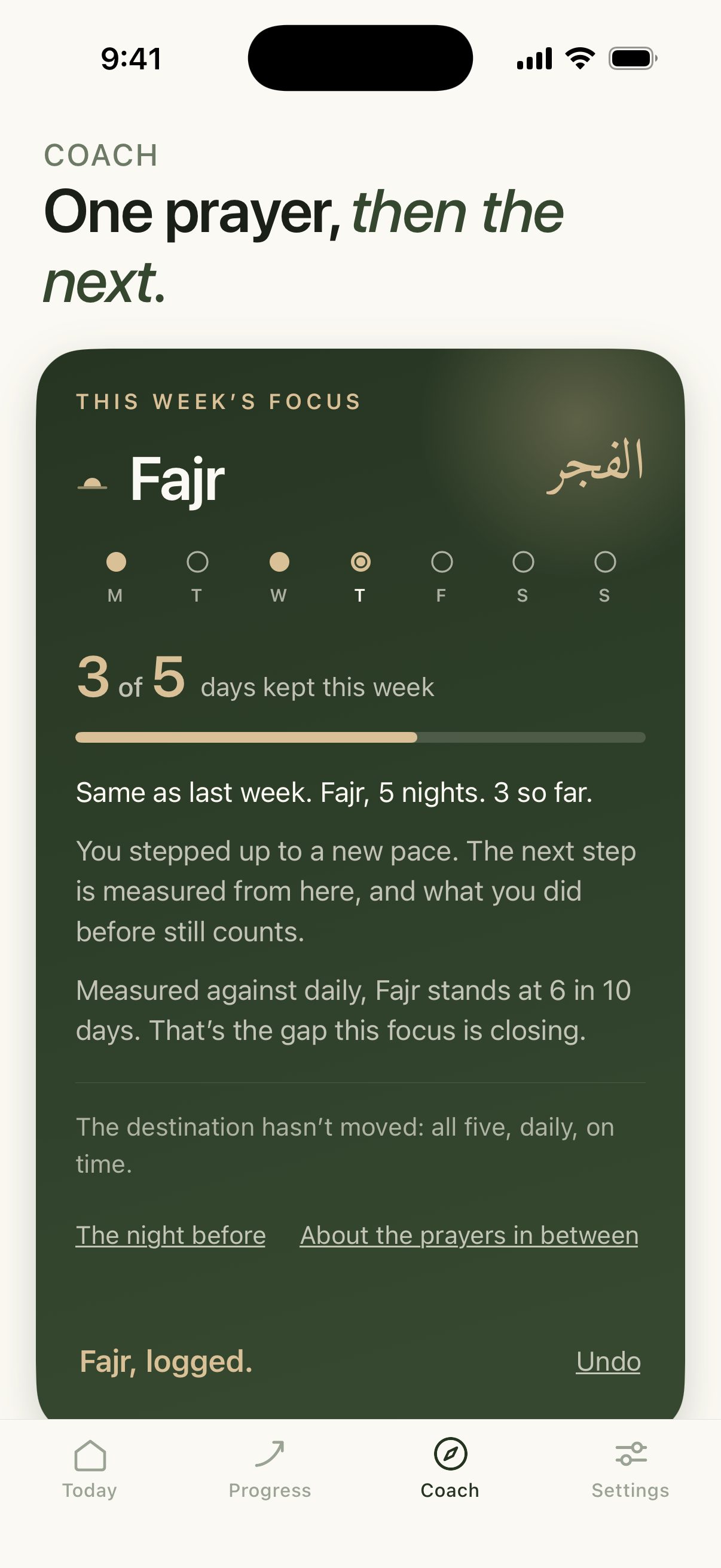 Qadam’s Coach tab: this week’s focus is Fajr, 3 of 5 days kept