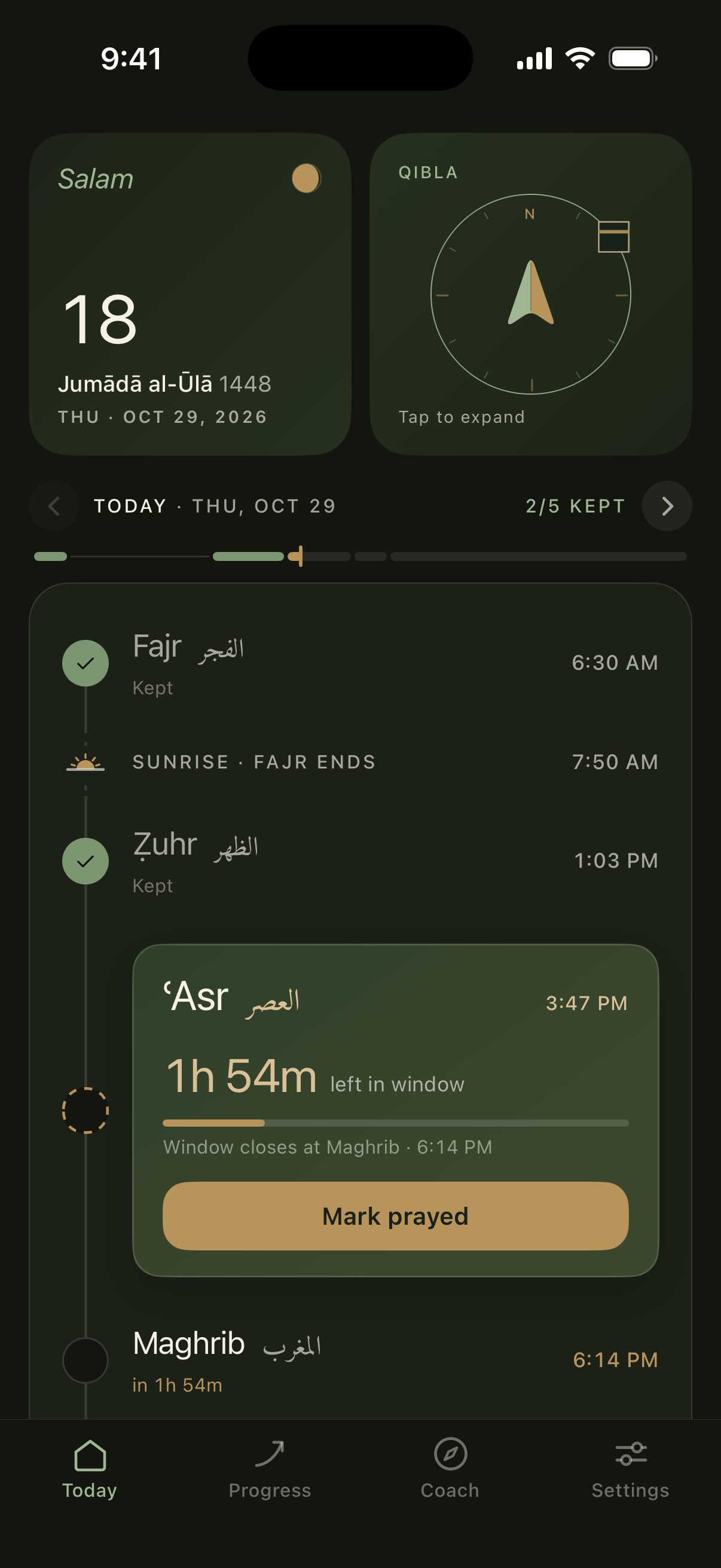 Qadam’s Today tab: Fajr and Ẓuhr kept, ʿAsr open with 1h 54m left in the window, Qibla in the corner